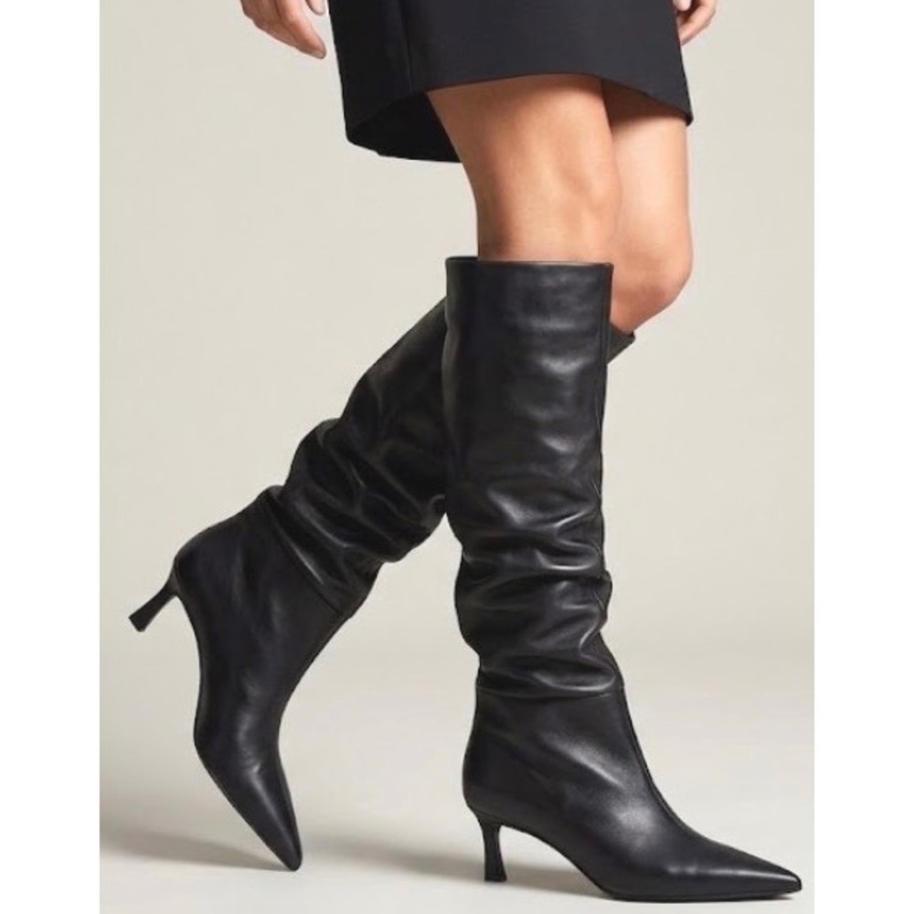 Steve Madden Lavan Black Leather Pointed Toe Kitten Heel Tall Boots Womens 11M